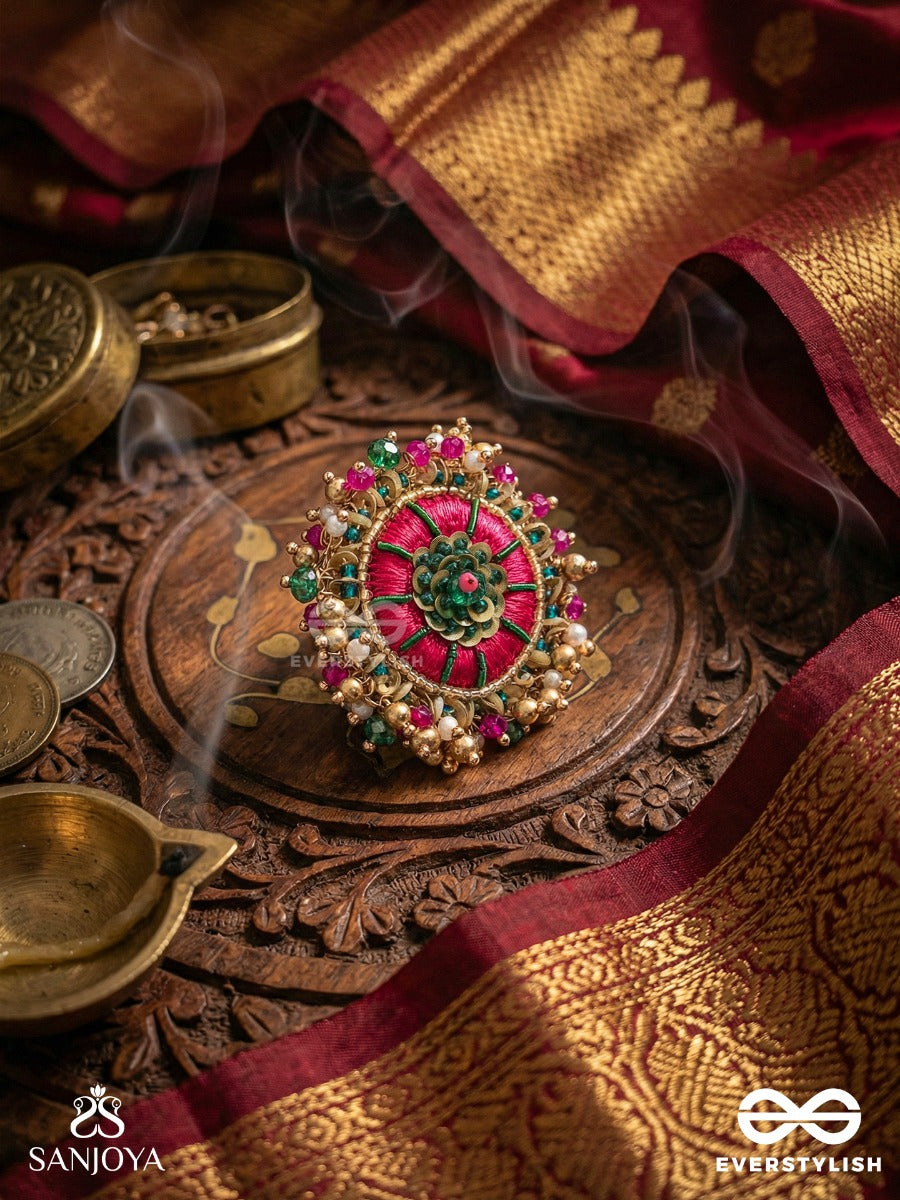 Bibhrat - The Luminous Pink - Resham, Beads And Dabka Hand Embroidered Ring (Adjustable)