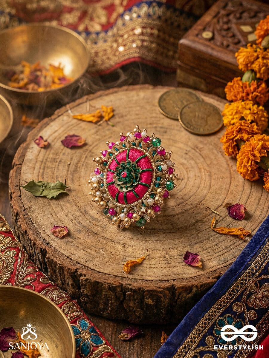 Bibhrat - The Luminous Pink - Resham, Beads And Dabka Hand Embroidered Ring (Adjustable)