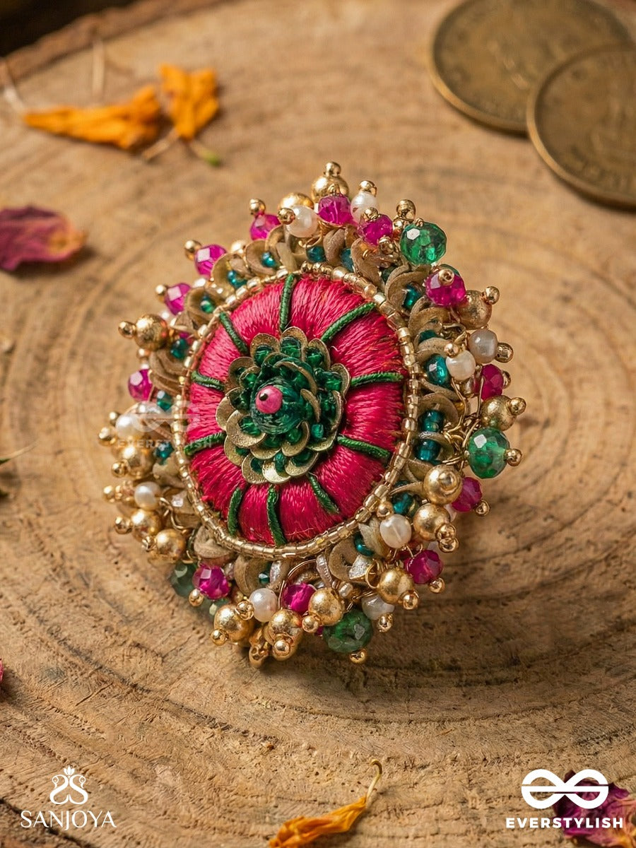 Bibhrat - The Luminous Pink - Resham, Beads And Dabka Hand Embroidered Ring (Adjustable)