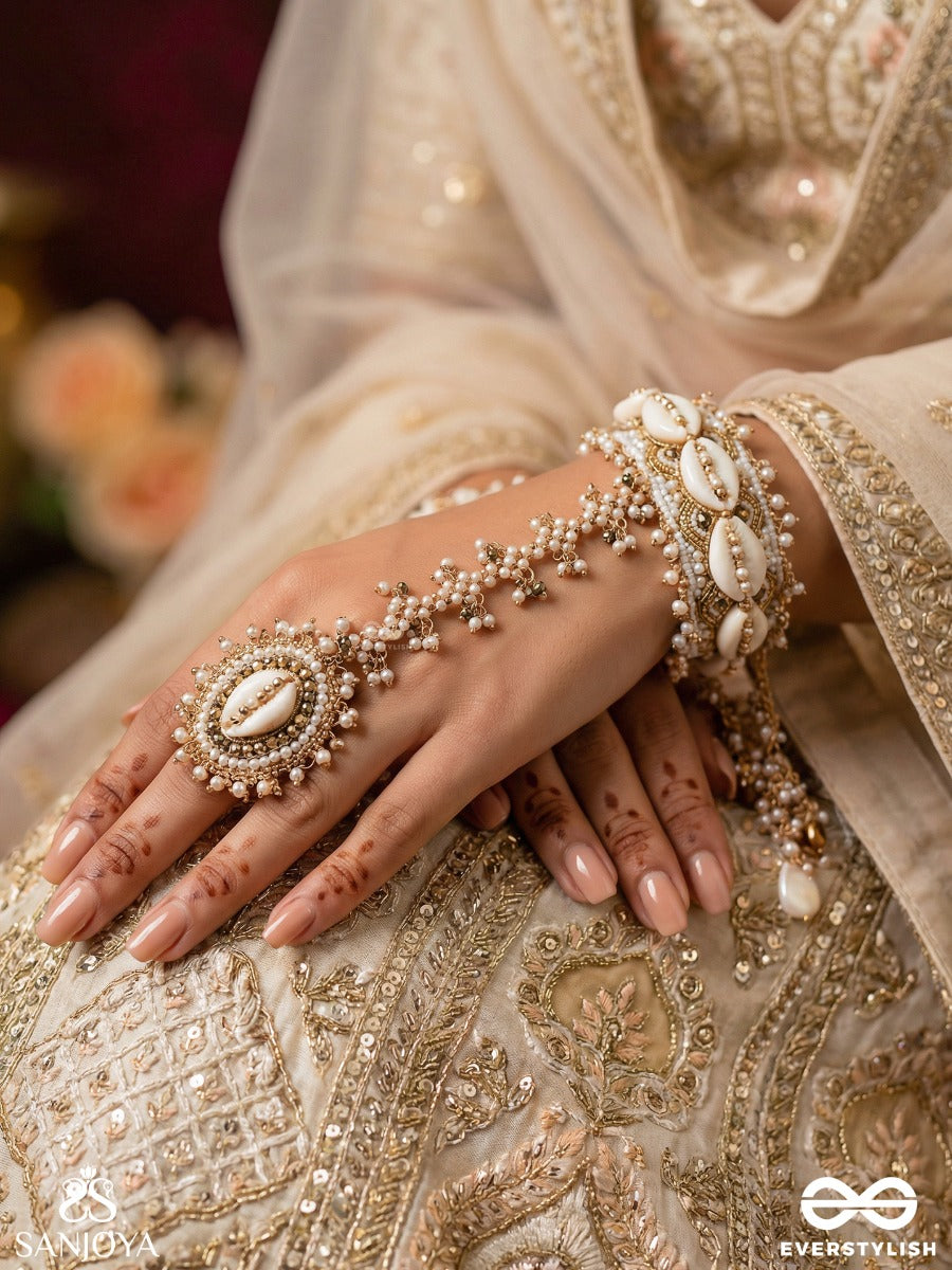 Vivriddhi - The Stream Of Prosperity - Shells, Beads, Glass And Pearl Drops Hand Embroidered Haathphool