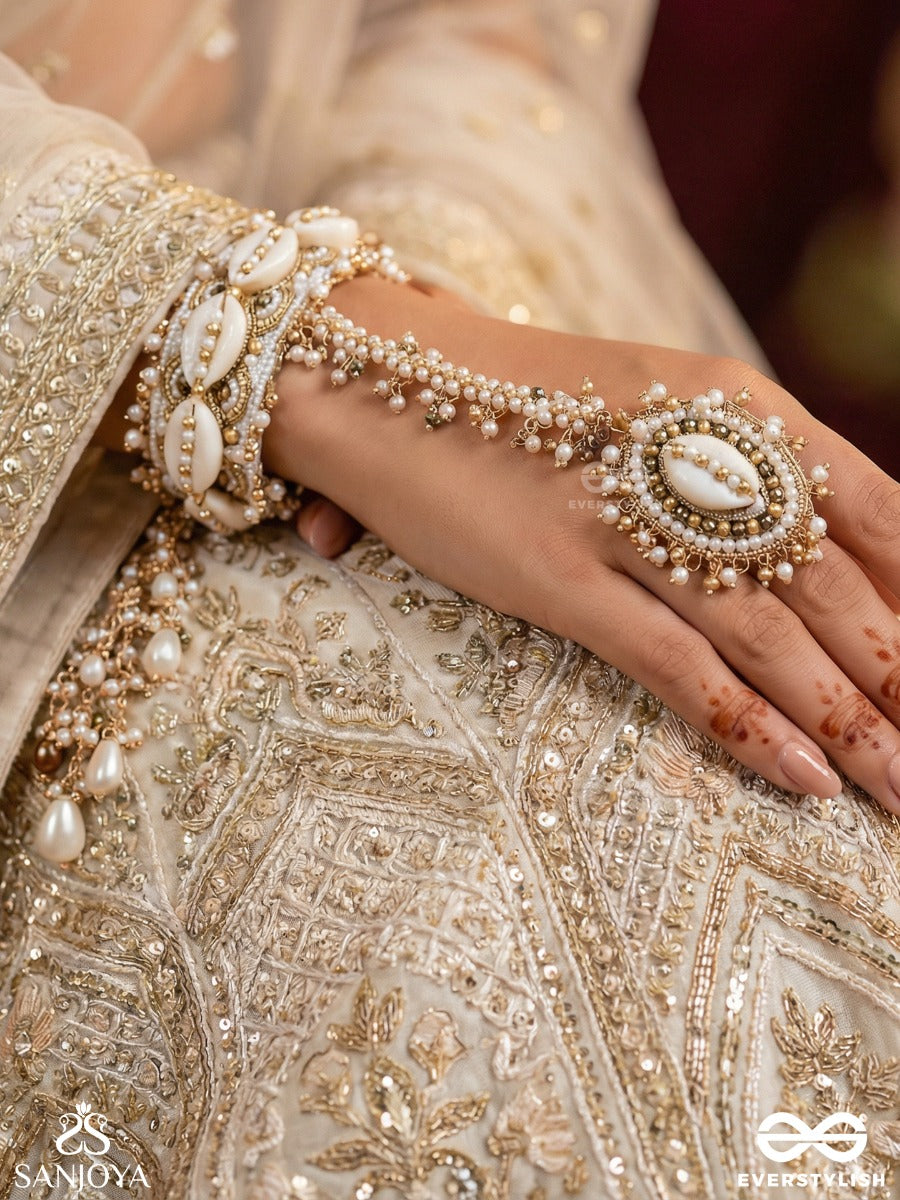 Vivriddhi - The Stream Of Prosperity - Shells, Beads, Glass And Pearl Drops Hand Embroidered Haathphool