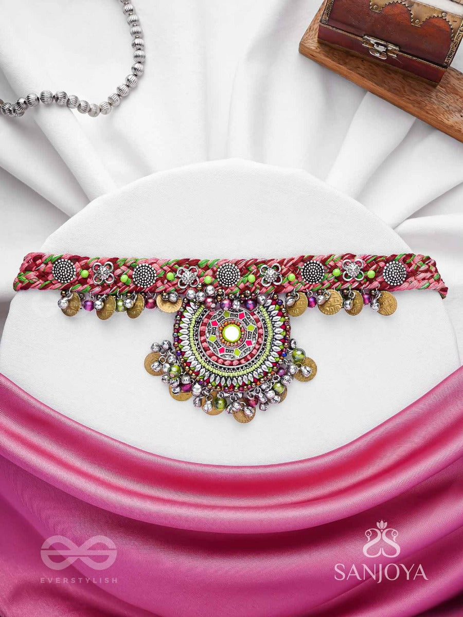 Mrigarsukt - The Hymns Of Flowers - Resham, Coins And Beads Hand Embroidered Oxidised Choker Neckpiece