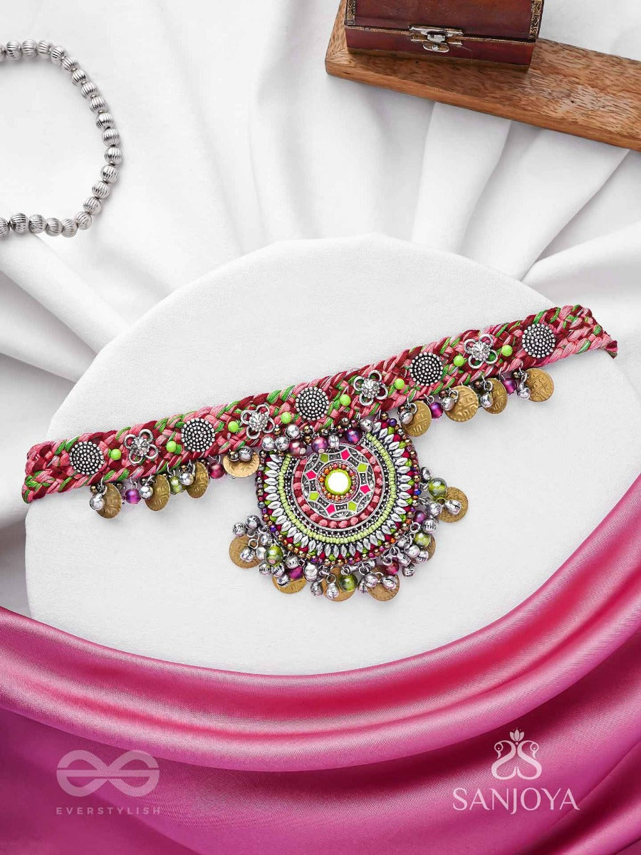 Mrigarsukt - The Hymns Of Flowers - Resham, Coins And Beads Hand Embroidered Oxidised Choker Neckpiece