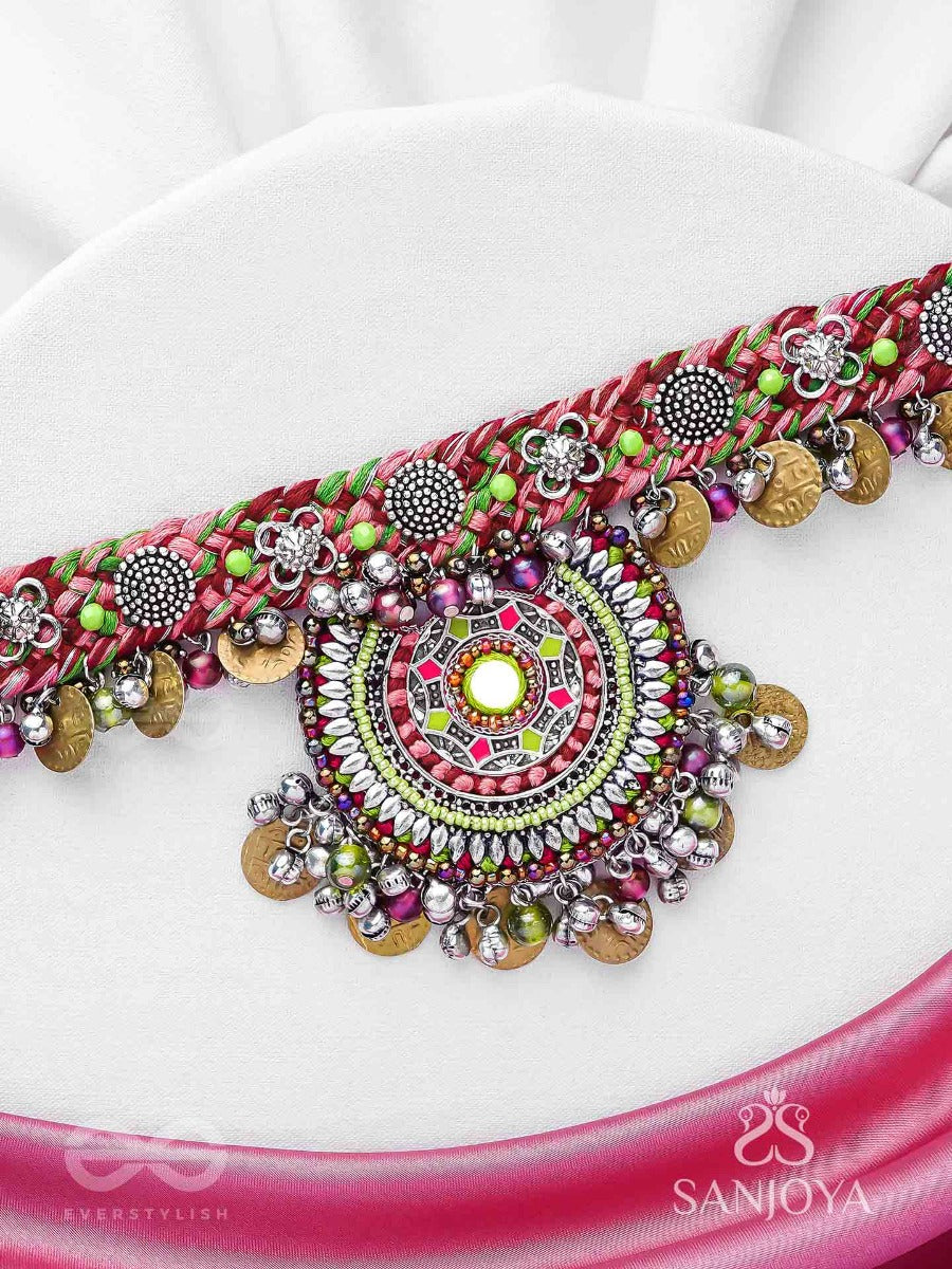 Mrigarsukt - The Hymns Of Flowers - Resham, Coins And Beads Hand Embroidered Oxidised Choker Neckpiece