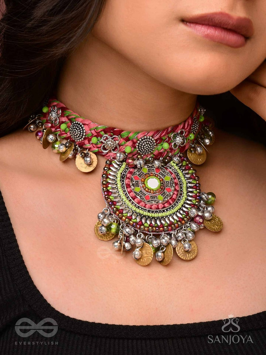 Mrigarsukt - The Hymns Of Flowers - Resham, Coins And Beads Hand Embroidered Oxidised Choker Neckpiece