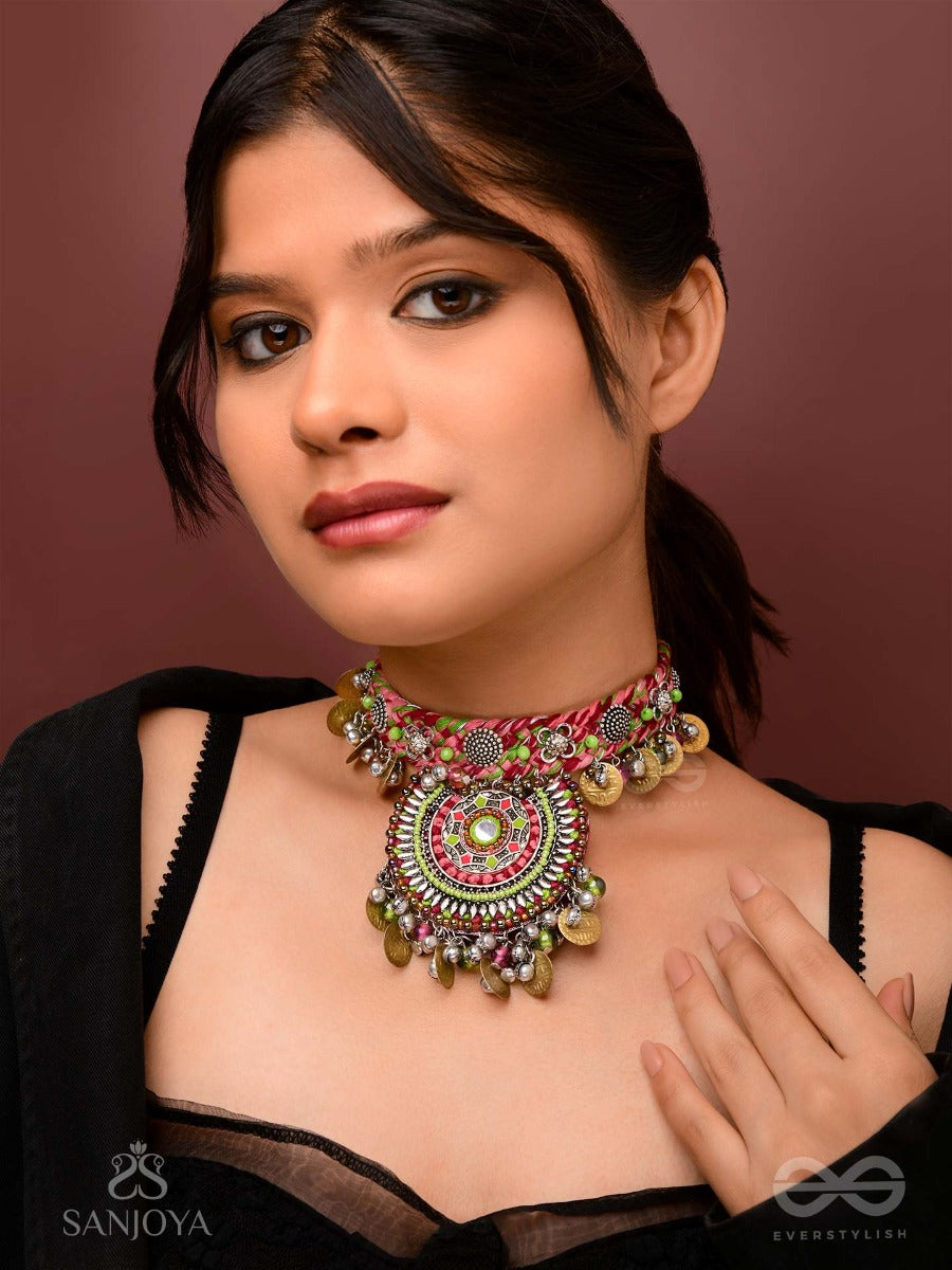 Mrigarsukt - The Hymns Of Flowers - Resham, Coins And Beads Hand Embroidered Oxidised Choker Neckpiece