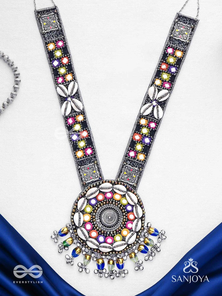 Sheetbhanviye - The Lunar Celebrations - Shells, Mirrors, Resham And Glass Drops Hand Embroidered Oxidised Neckpiece