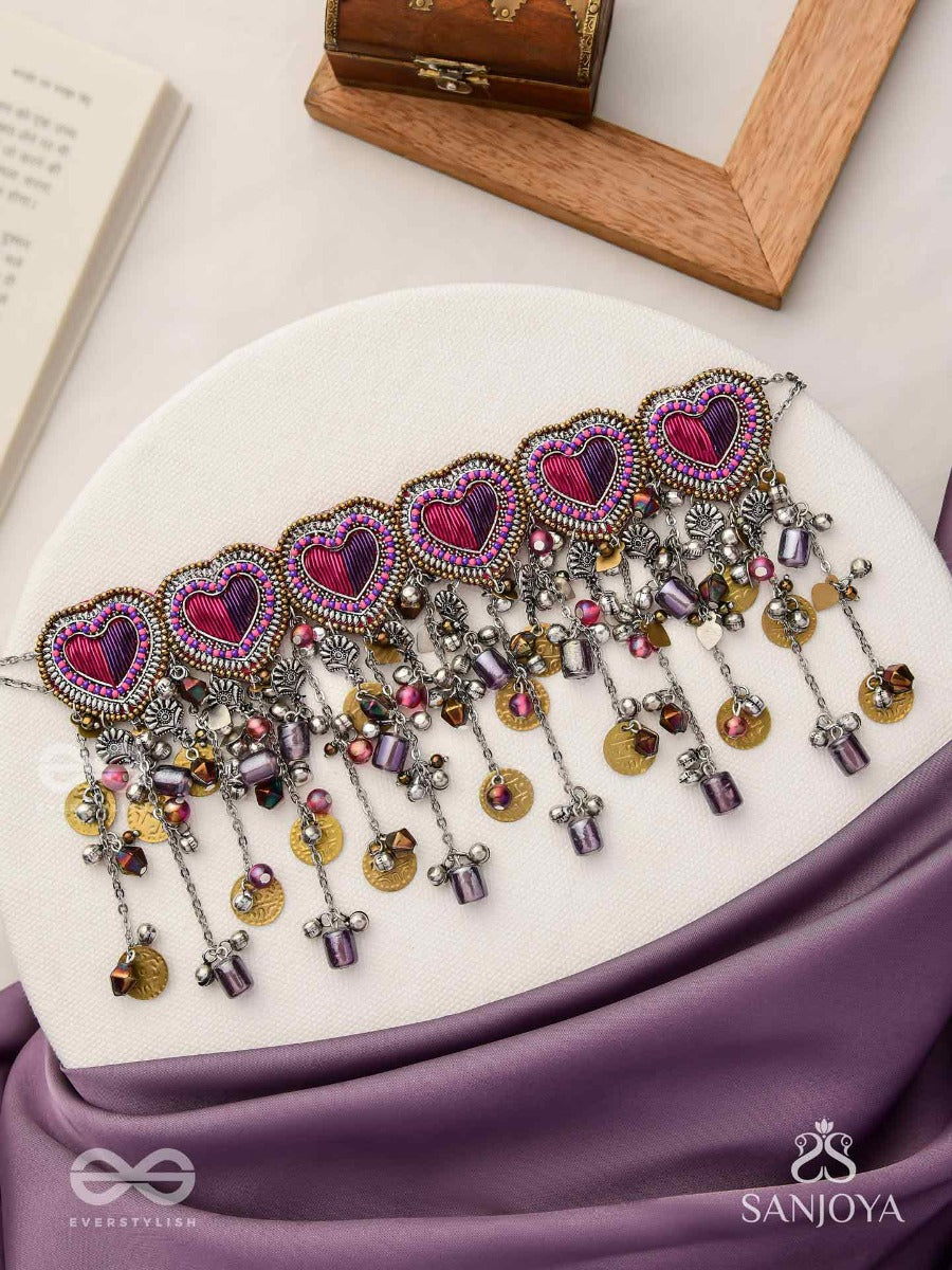 Prageet - Song Of The Hearts - Resham, Dabka, Beads And Coins Hand Embroidered Oxidised Choker Neckpiece
