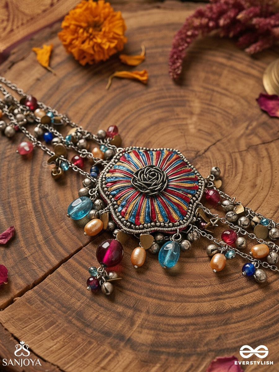 Shaleenta - The Shy Posy - Resham, Dabka And Glass Drops Hand Embroidered Oxidised Choker Neckpiece