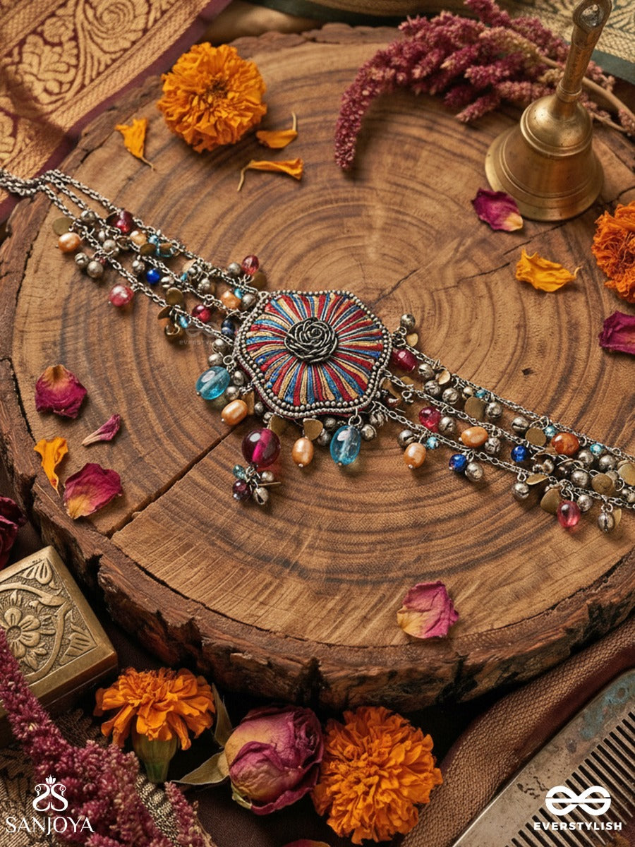 Shaleenta - The Shy Posy - Resham, Dabka And Glass Drops Hand Embroidered Oxidised Choker Neckpiece