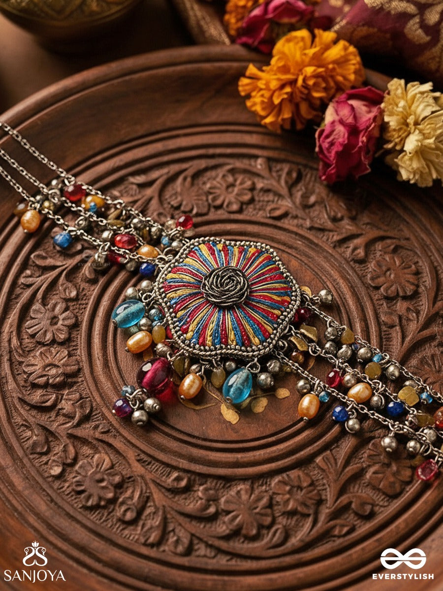 Shaleenta - The Shy Posy - Resham, Dabka And Glass Drops Hand Embroidered Oxidised Choker Neckpiece