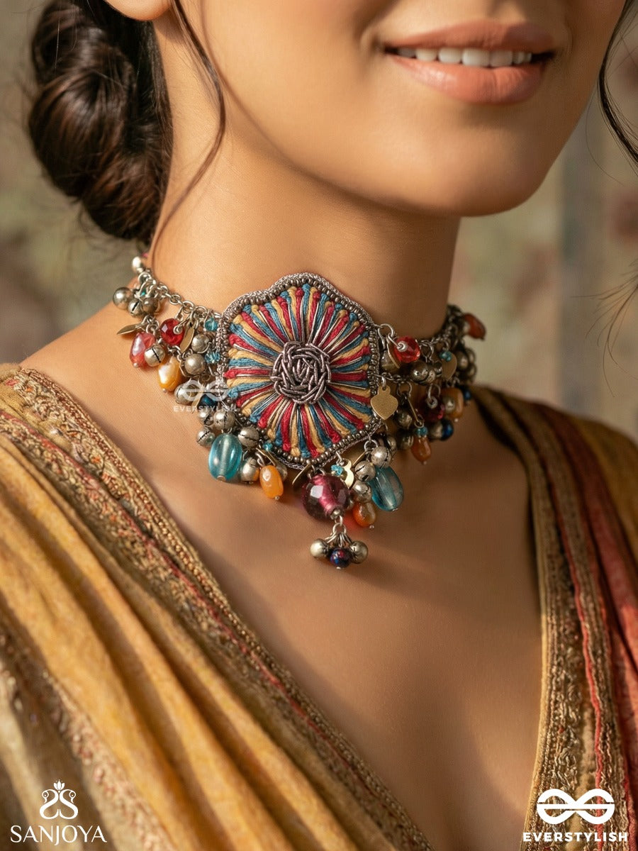 Shaleenta - The Shy Posy - Resham, Dabka And Glass Drops Hand Embroidered Oxidised Choker Neckpiece