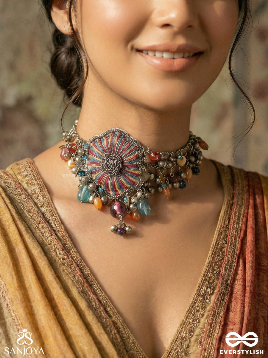 Shaleenta - The Shy Posy - Resham, Dabka And Glass Drops Hand Embroidered Oxidised Choker Neckpiece