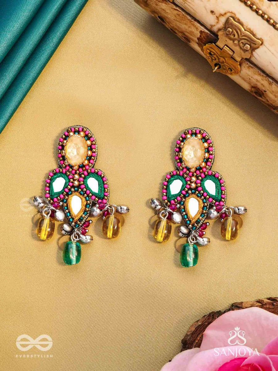 Tripristha - The Holy Trinity - Stones, Mirrors, Coins And Glass Drops Hand Embroidered Earrings