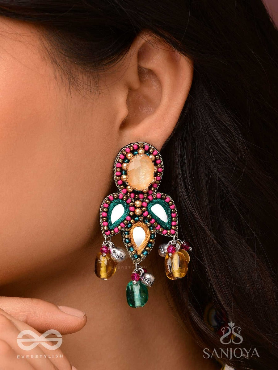 Tripristha - The Holy Trinity - Stones, Mirrors, Coins And Glass Drops Hand Embroidered Earrings