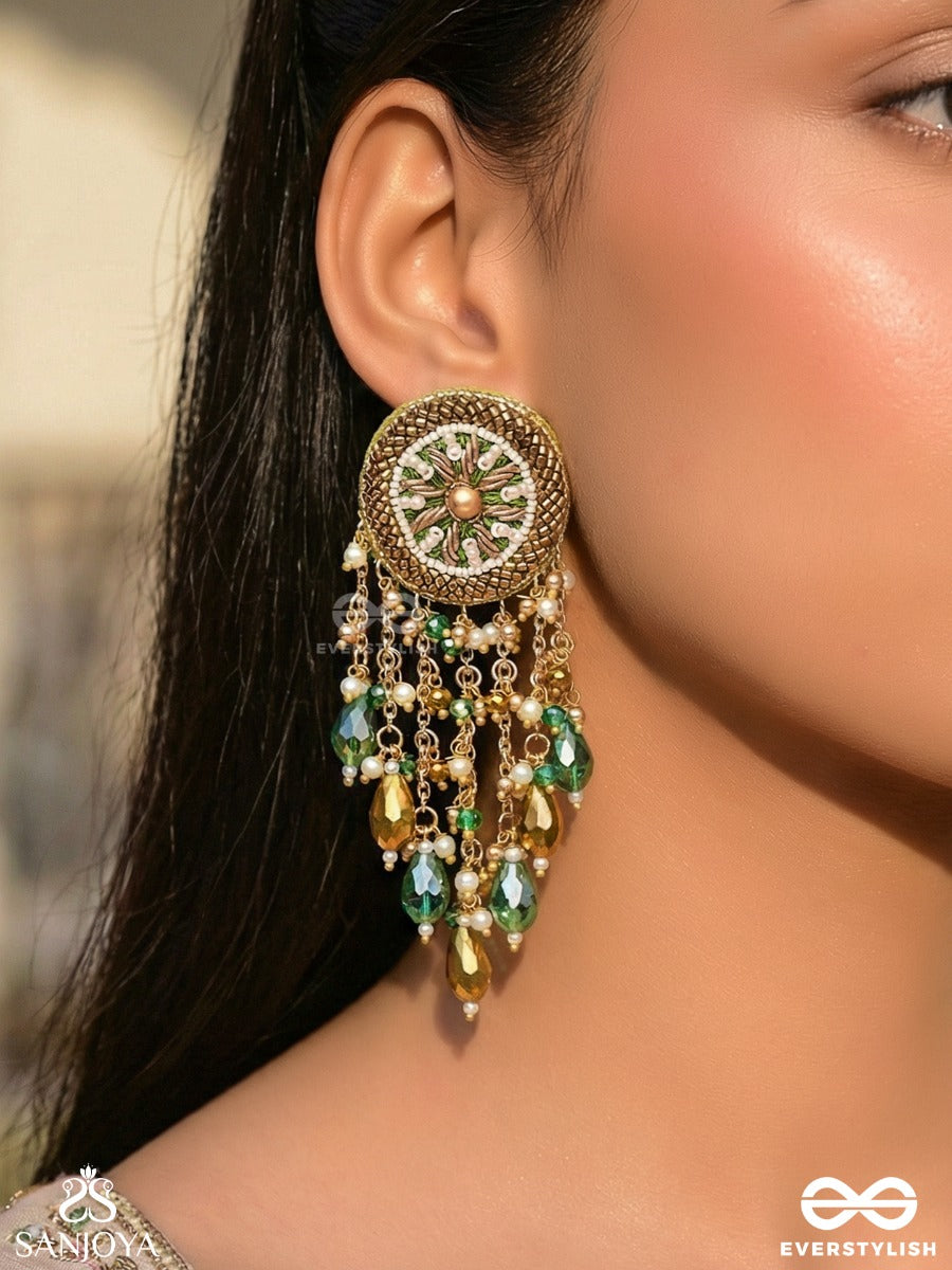 Varsham - The Captivating Rainfall - Cutdana, Dabka, Beads And Glass Drops Hand Embroidered Earrings