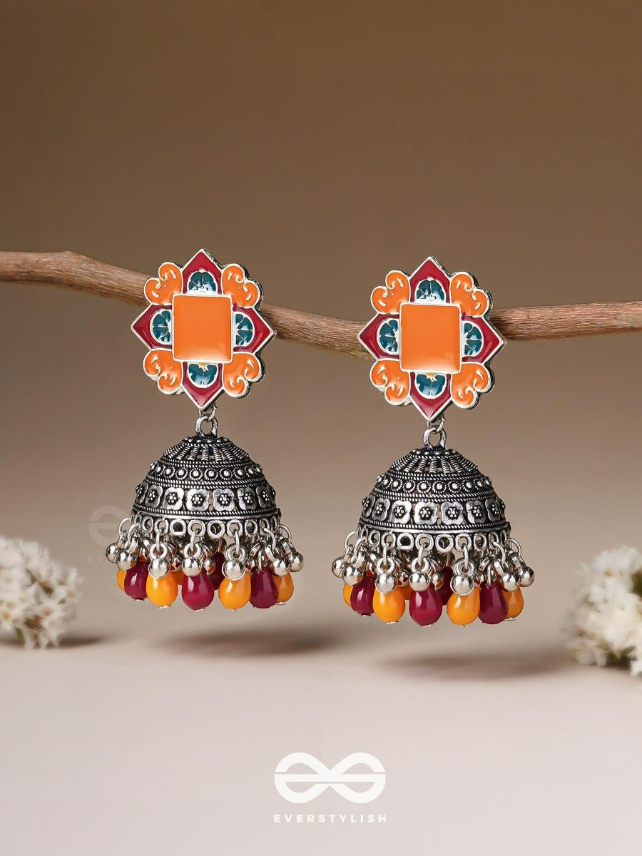 The Warm Hues - Enamelled Oxidised Jodhpuri Jhumkas