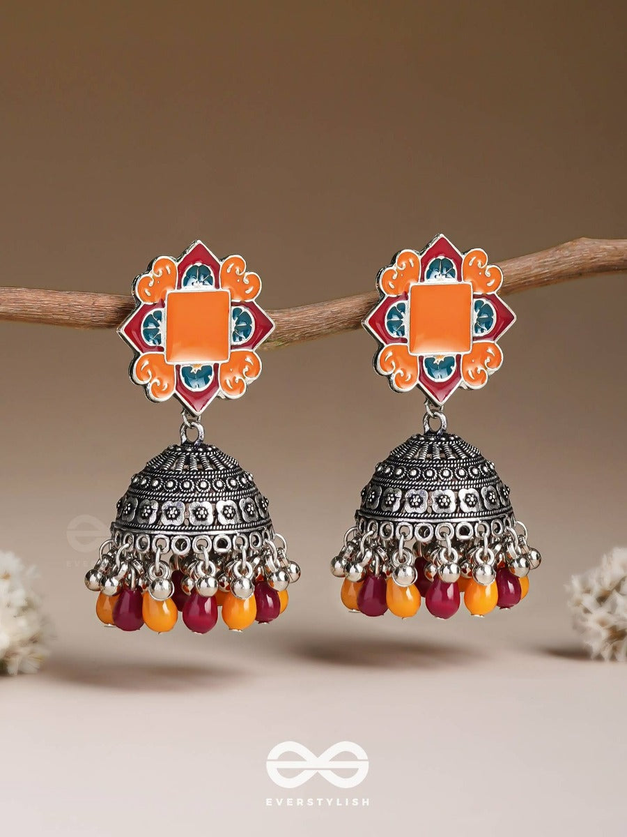 The Warm Hues - Enamelled Oxidised Jodhpuri Jhumkas