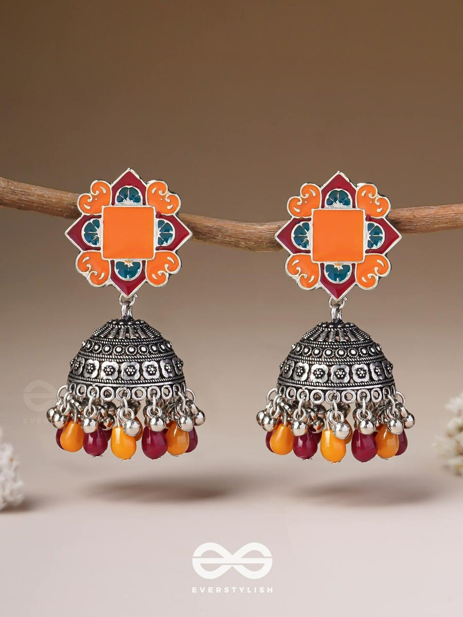 The Warm Hues - Enamelled Oxidised Jodhpuri Jhumkas