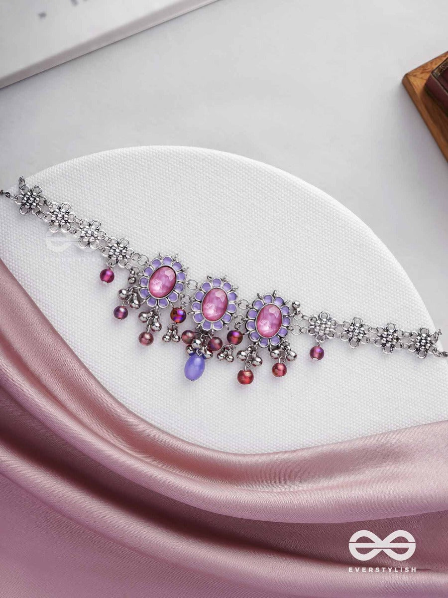 The Flowery Essence - Stone And Glass Drops Enamelled Oxidised Neckpiece