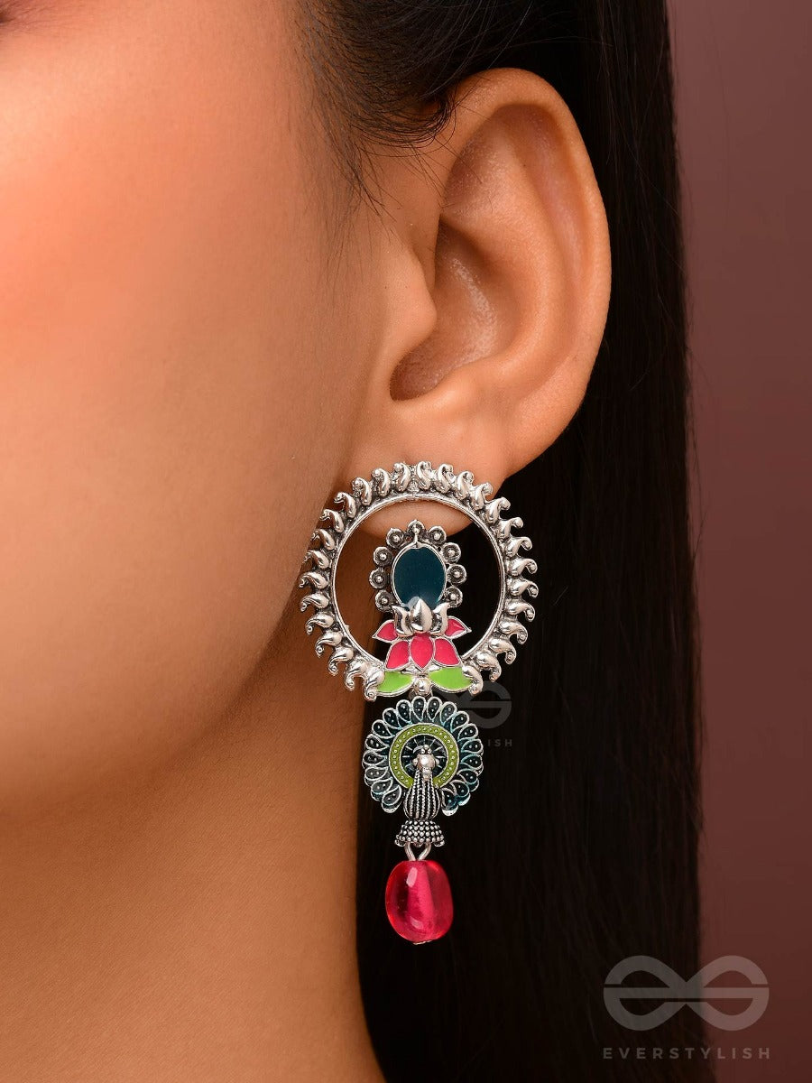 The Peacock Nelumbos - Enamelled Oxidised Jodhpuri Jhumkas
