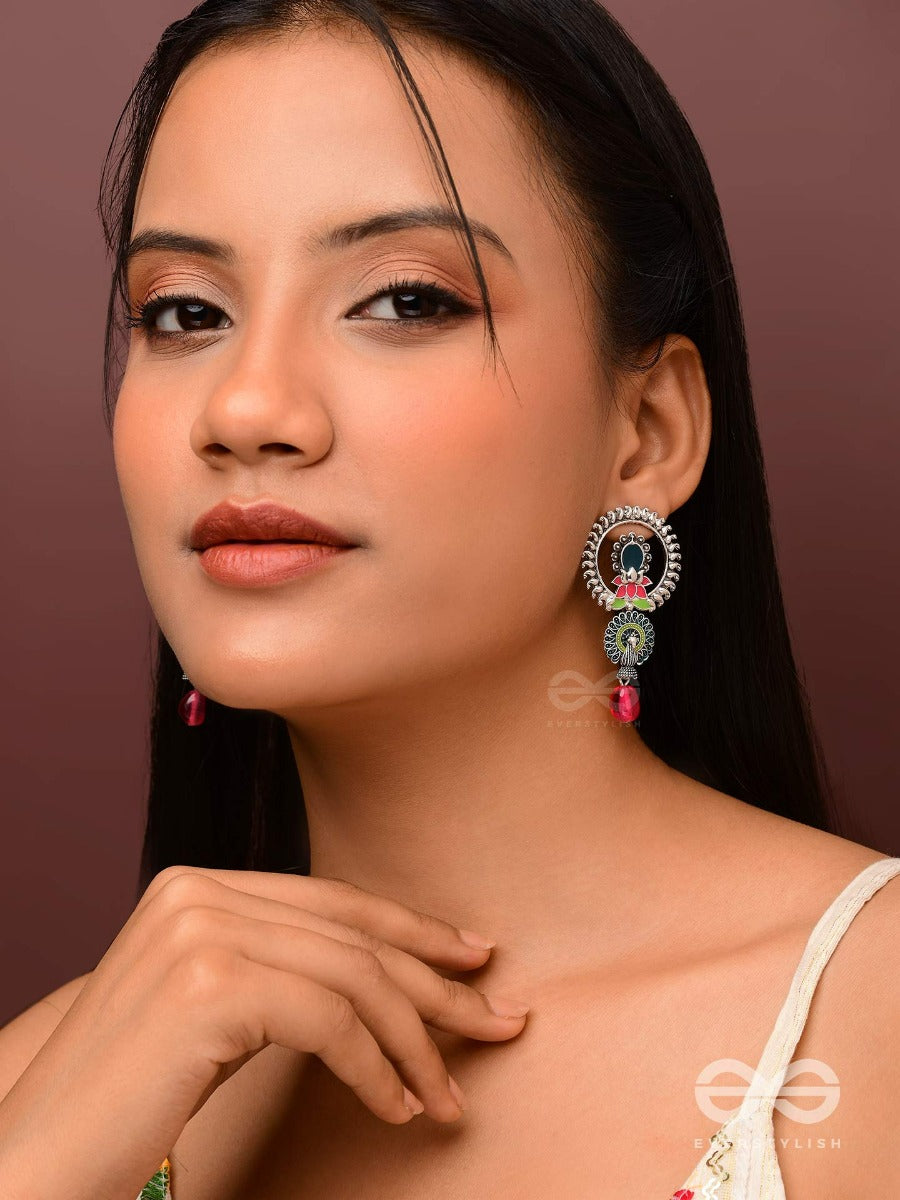 The Peacock Nelumbos - Enamelled Oxidised Jodhpuri Jhumkas