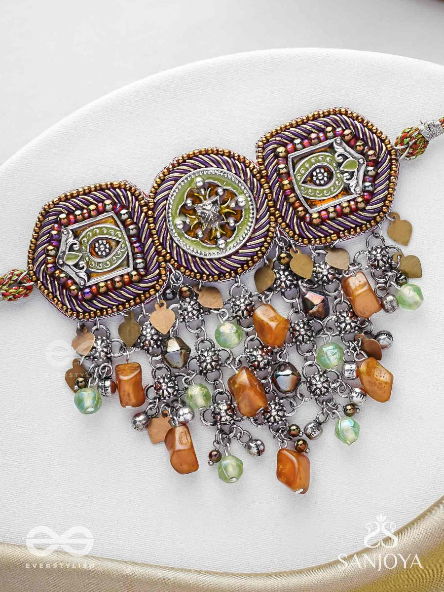 Adrikila - The Earth-Bound - Resham, Dabka And Glass Drops Hand Embroidered Oxidised Choker Neckpiece