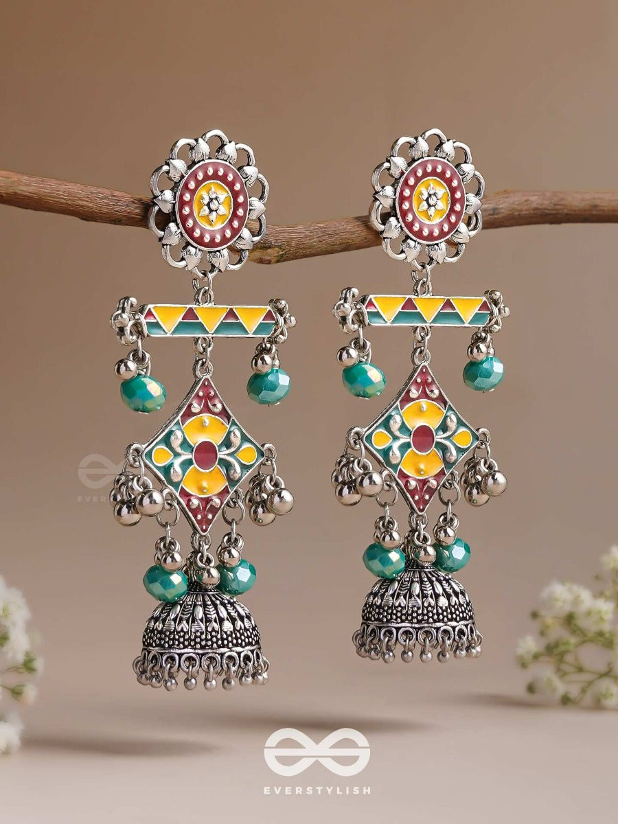 The Calming Hues - Enamelled Oxidised Jodhpuri Jhumkas