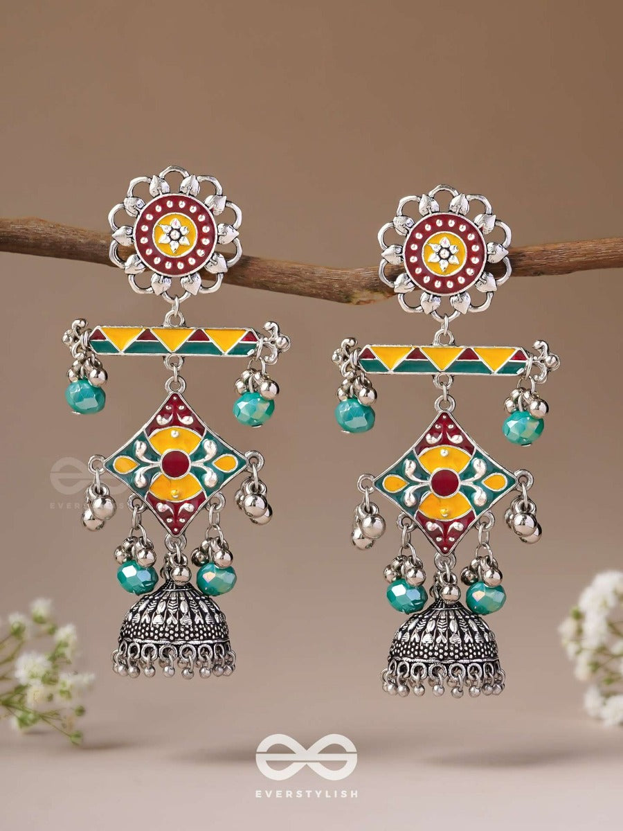 The Calming Hues - Enamelled Oxidised Jodhpuri Jhumkas