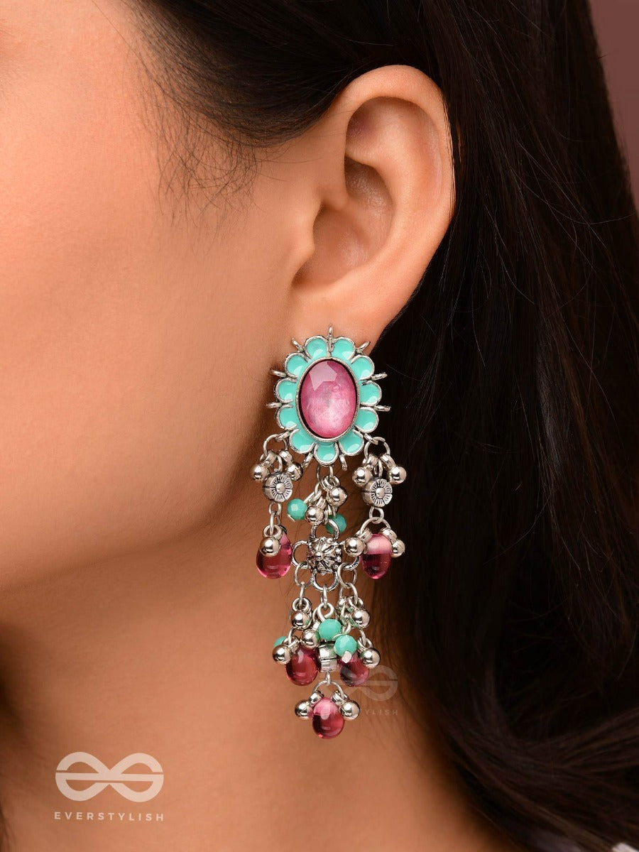 The Rosy Mist - Enamelled Oxidised Jodhpuri Jhumkas