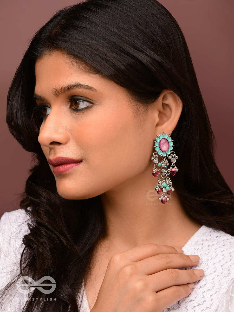 The Rosy Mist - Enamelled Oxidised Jodhpuri Jhumkas