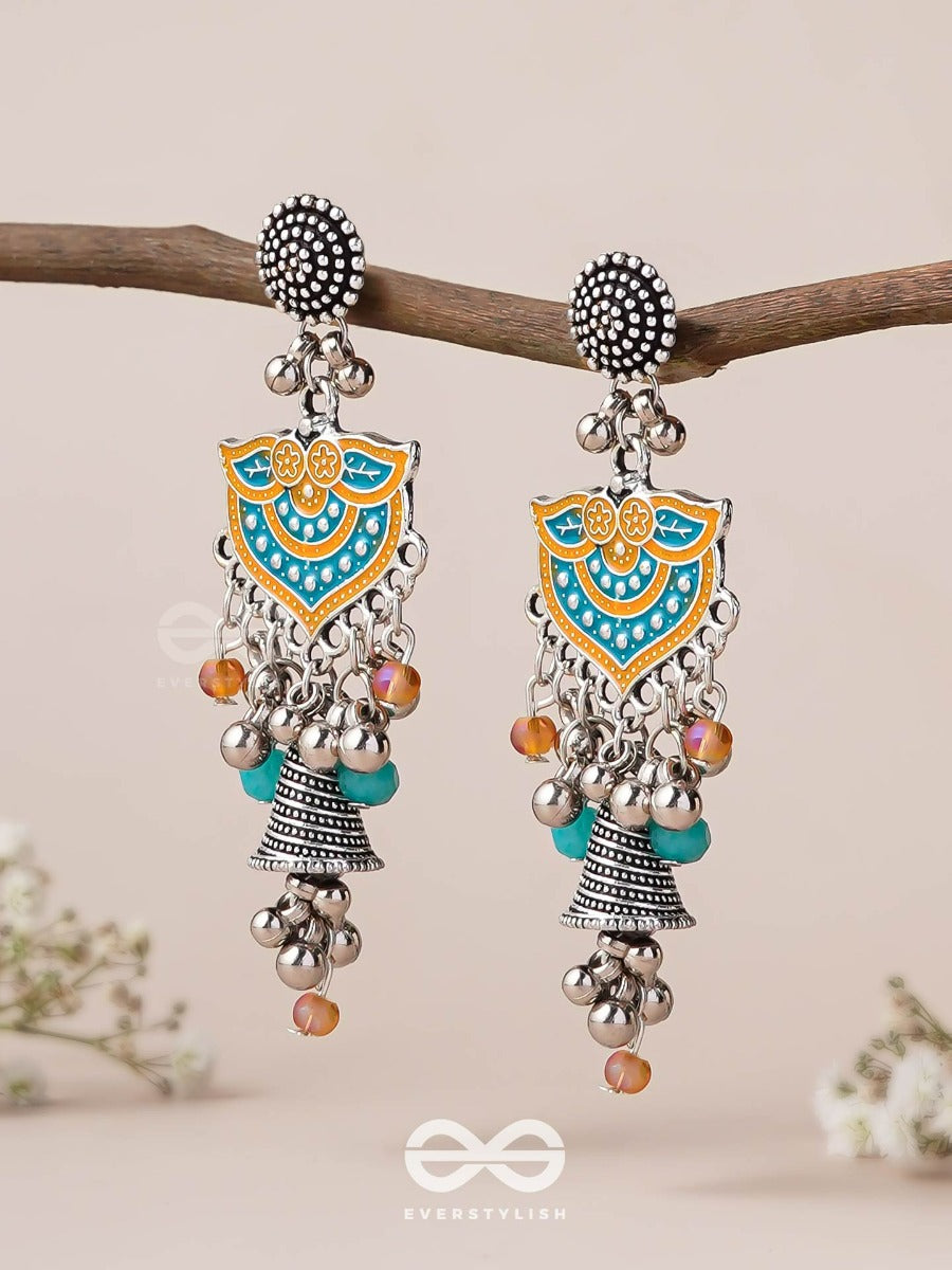 The Sunset Bells - Enamelled Oxidised Jodhpuri Jhumkas