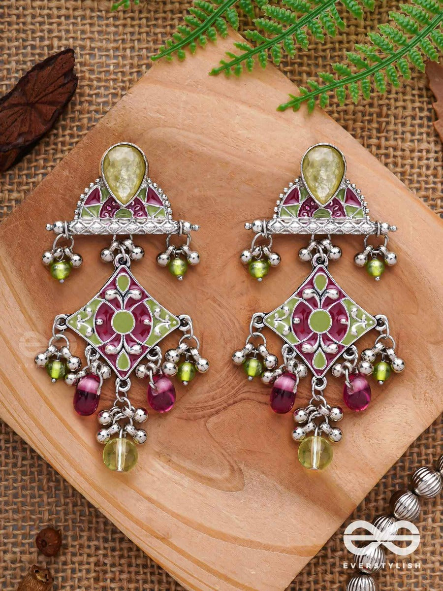 The Fresh Rubies - Stone And Glass Drops Enamelled Oxidised Jodhpuri Jhumkas