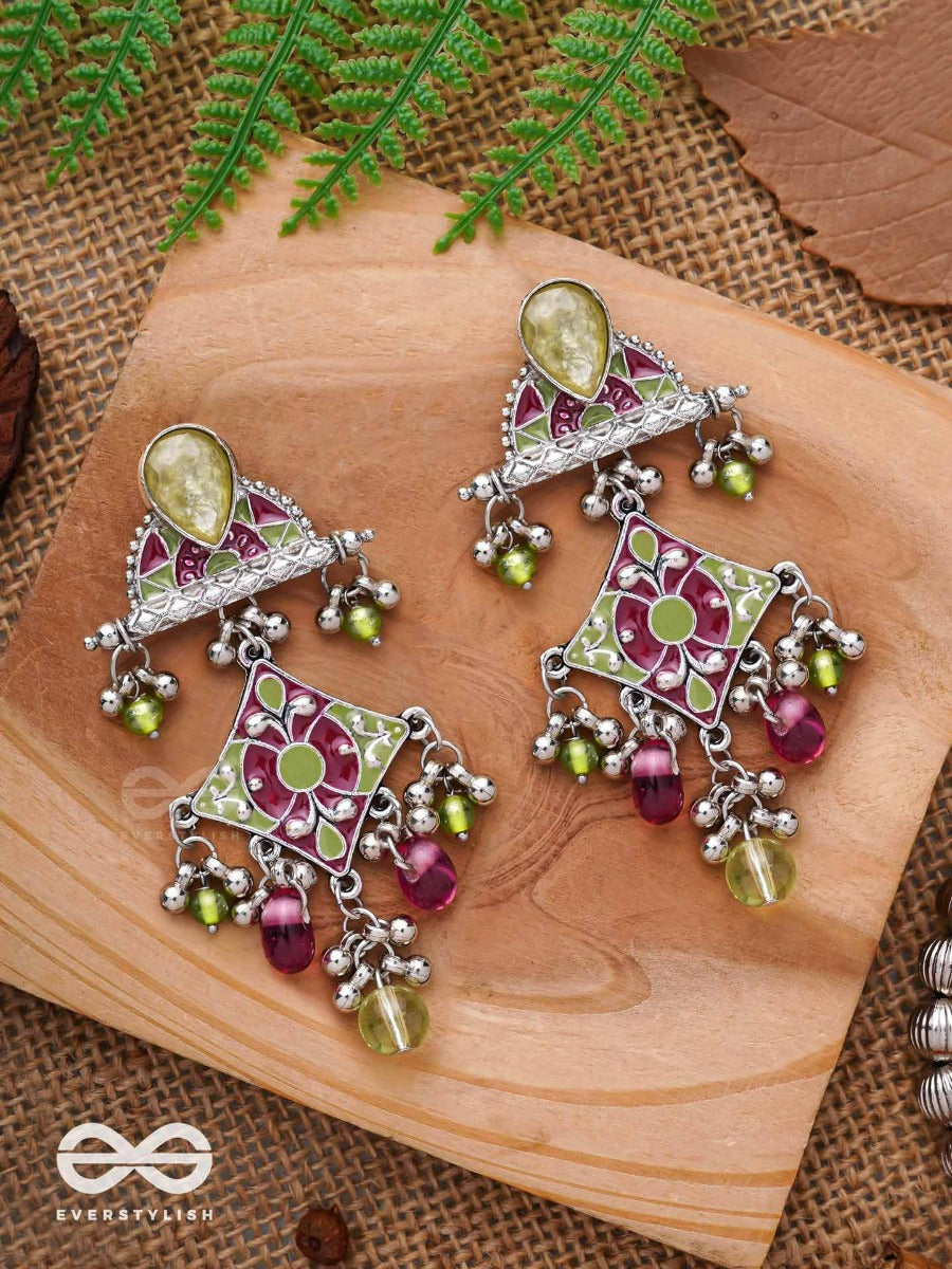 The Fresh Rubies - Stone And Glass Drops Enamelled Oxidised Jodhpuri Jhumkas
