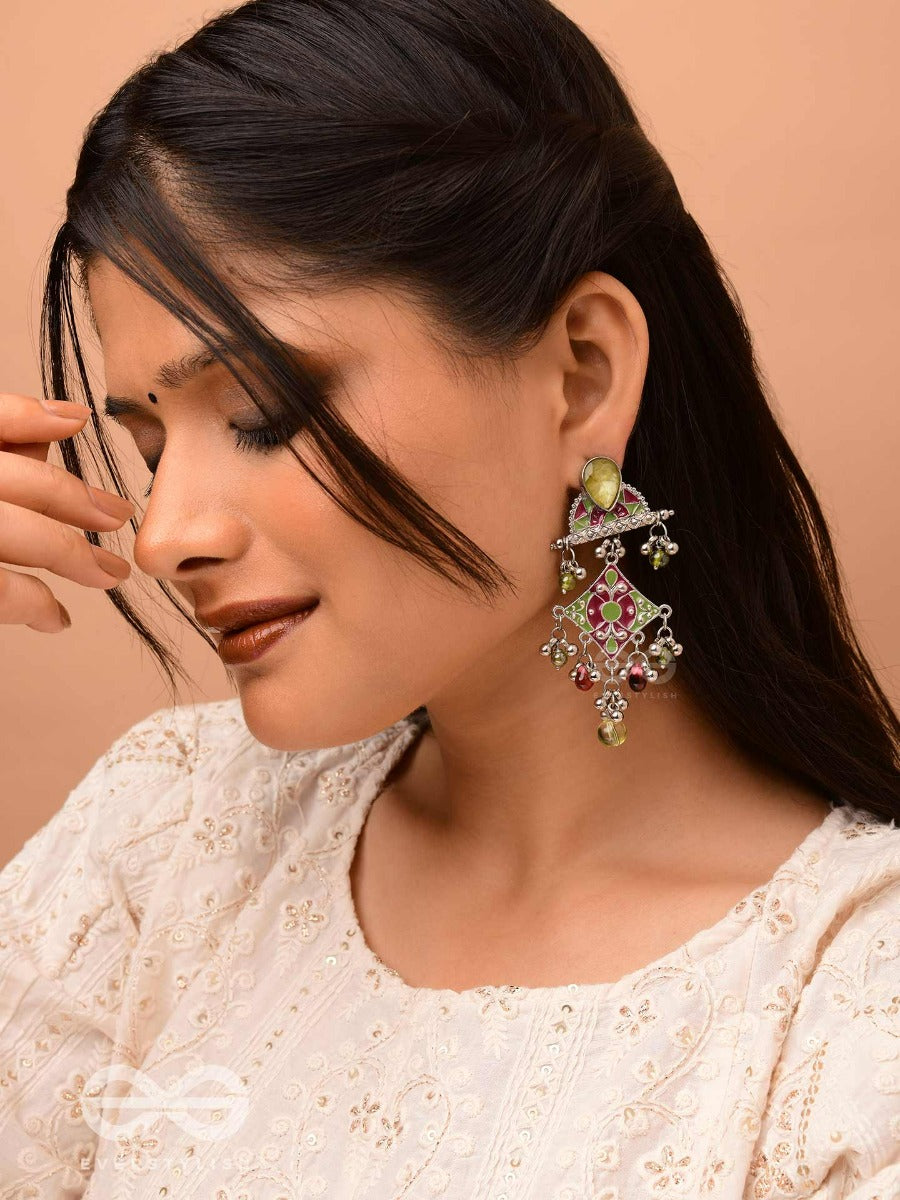 The Fresh Rubies - Stone And Glass Drops Enamelled Oxidised Jodhpuri Jhumkas