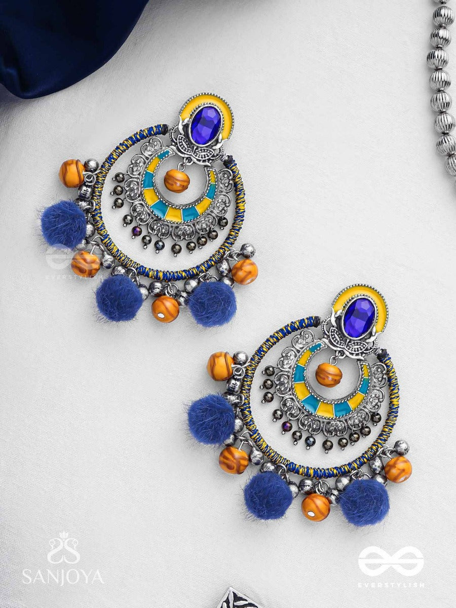 Manishyam - The Sapphire Radiance - Stone, Resham And Beads Hand Embroidered Enamelled Oxidised Earrings