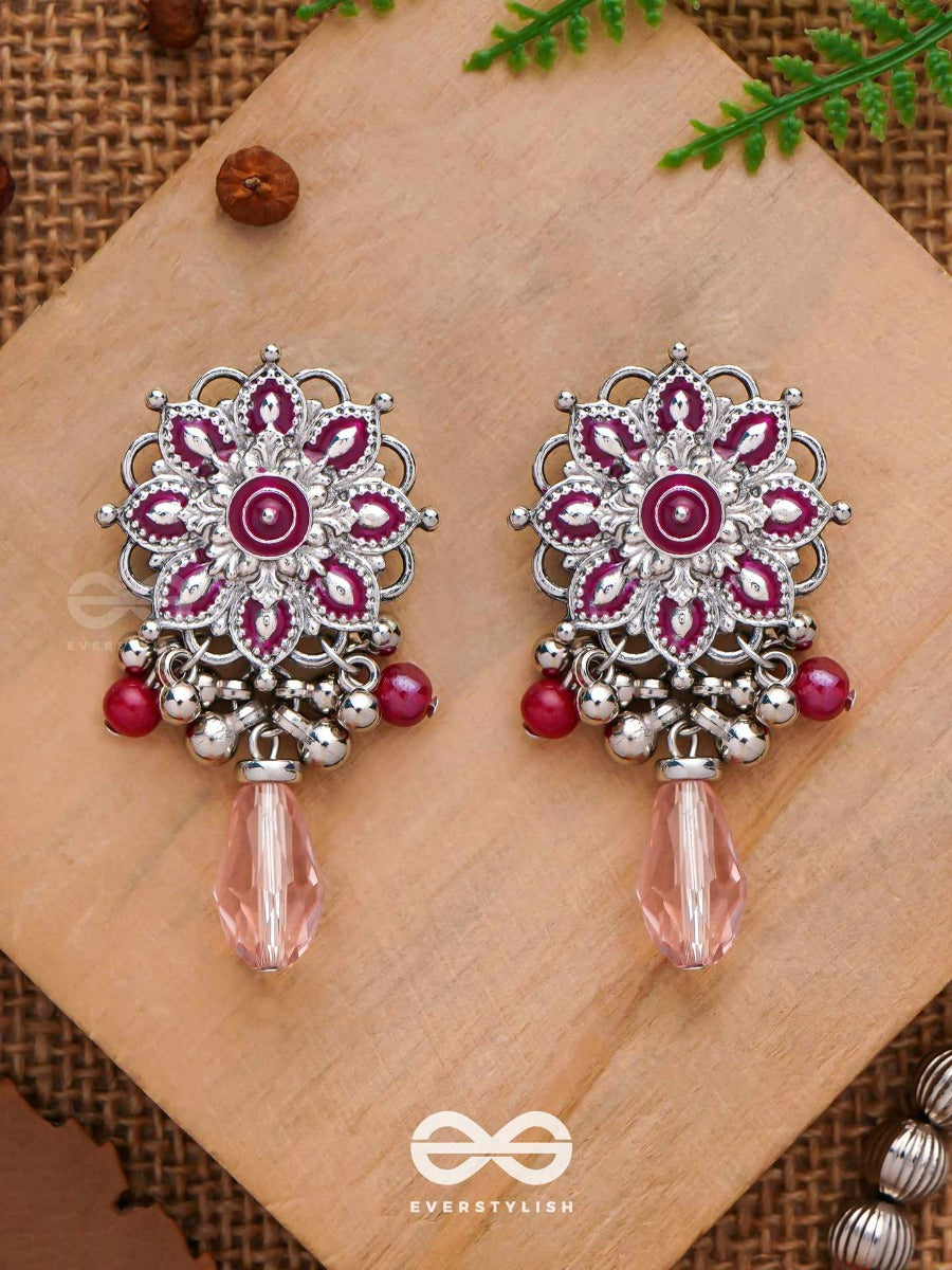 The Rosy Intricacy - Enamelled Oxidised Jodhpuri Jhumkas
