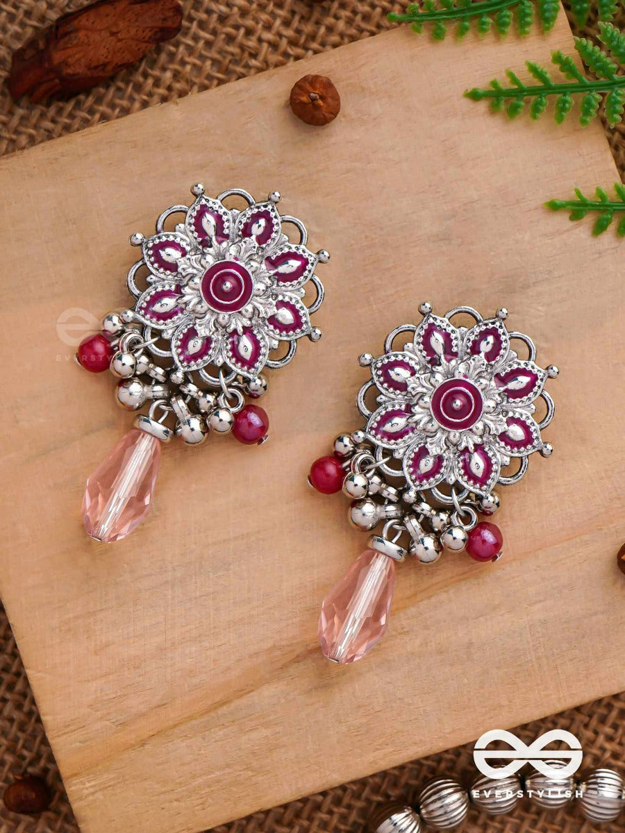 The Rosy Intricacy - Enamelled Oxidised Jodhpuri Jhumkas