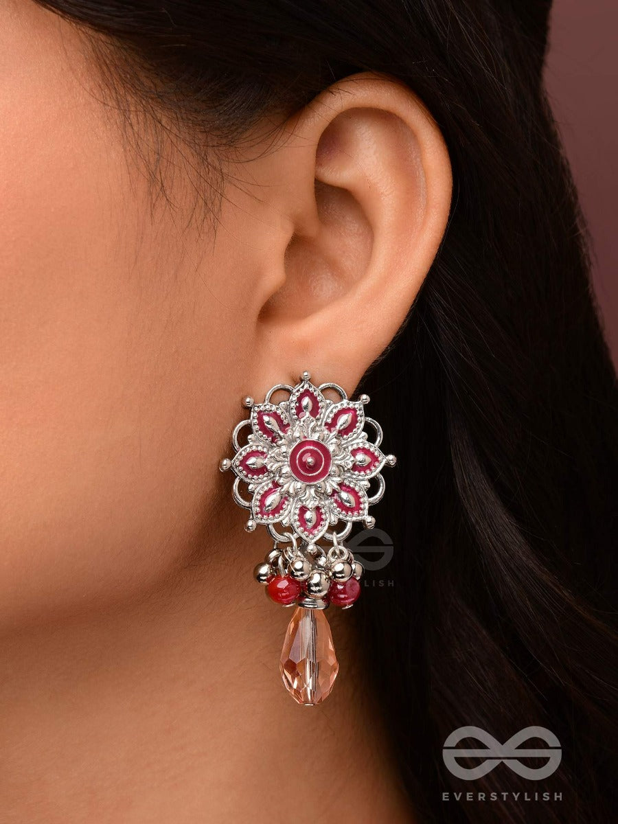 The Rosy Intricacy - Enamelled Oxidised Jodhpuri Jhumkas