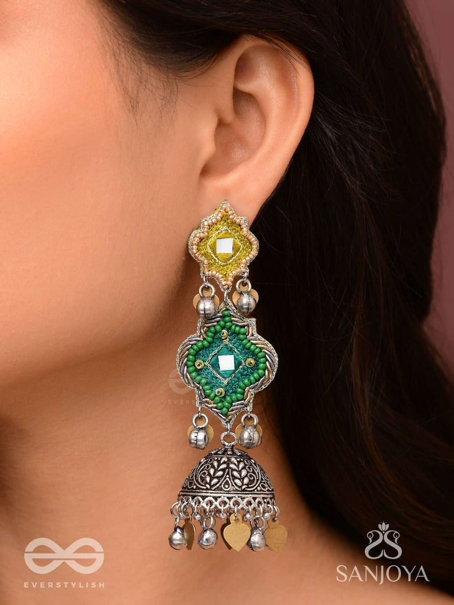 Aranyaj - Song Of The Forest - Beads, Dabka And Coins Hand Embroidered Oxidised Jhumka Earrings