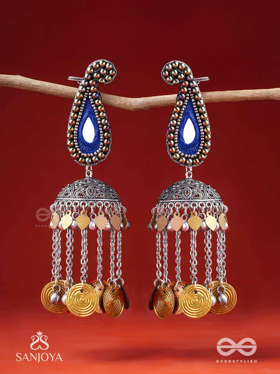 Svarsampad - The Feathery Melody - Beads, Mirror, Resham And Coins Hand Embroidered Oxidised Jhumka Earrings
