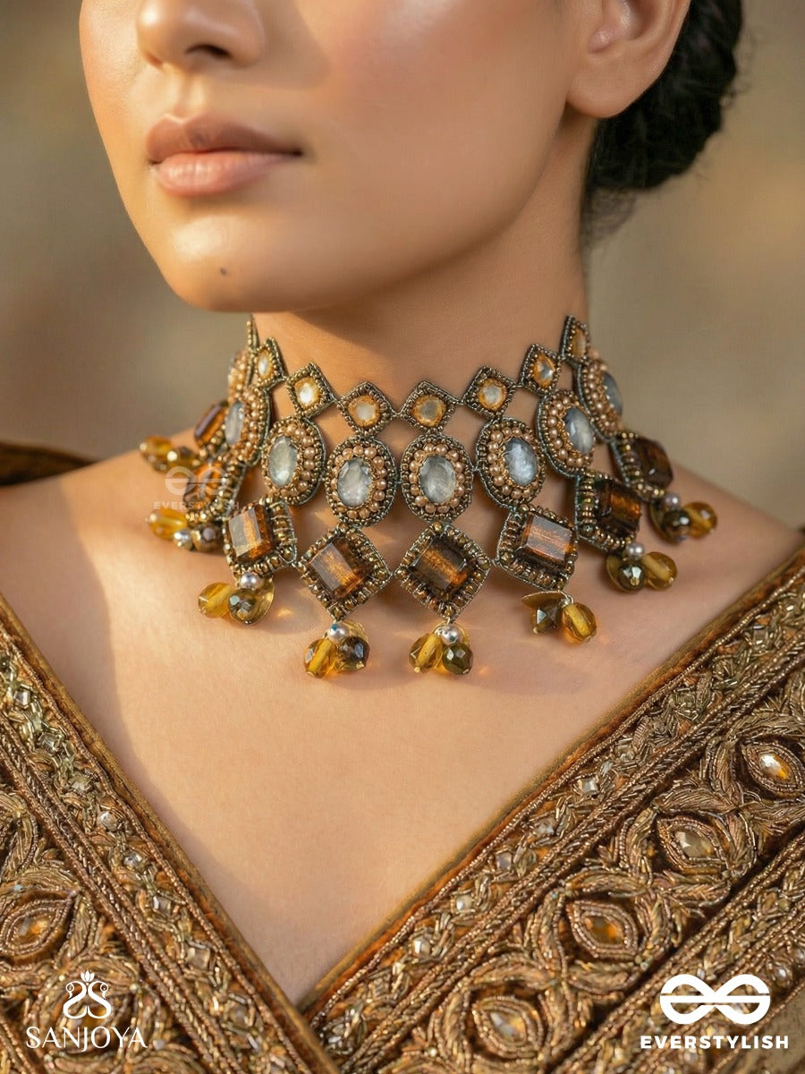Haridhumra- The Amber Chestnut - Stones, Beads, Coins And Glass Drops Hand Embroidered Oxidised Neckpiece