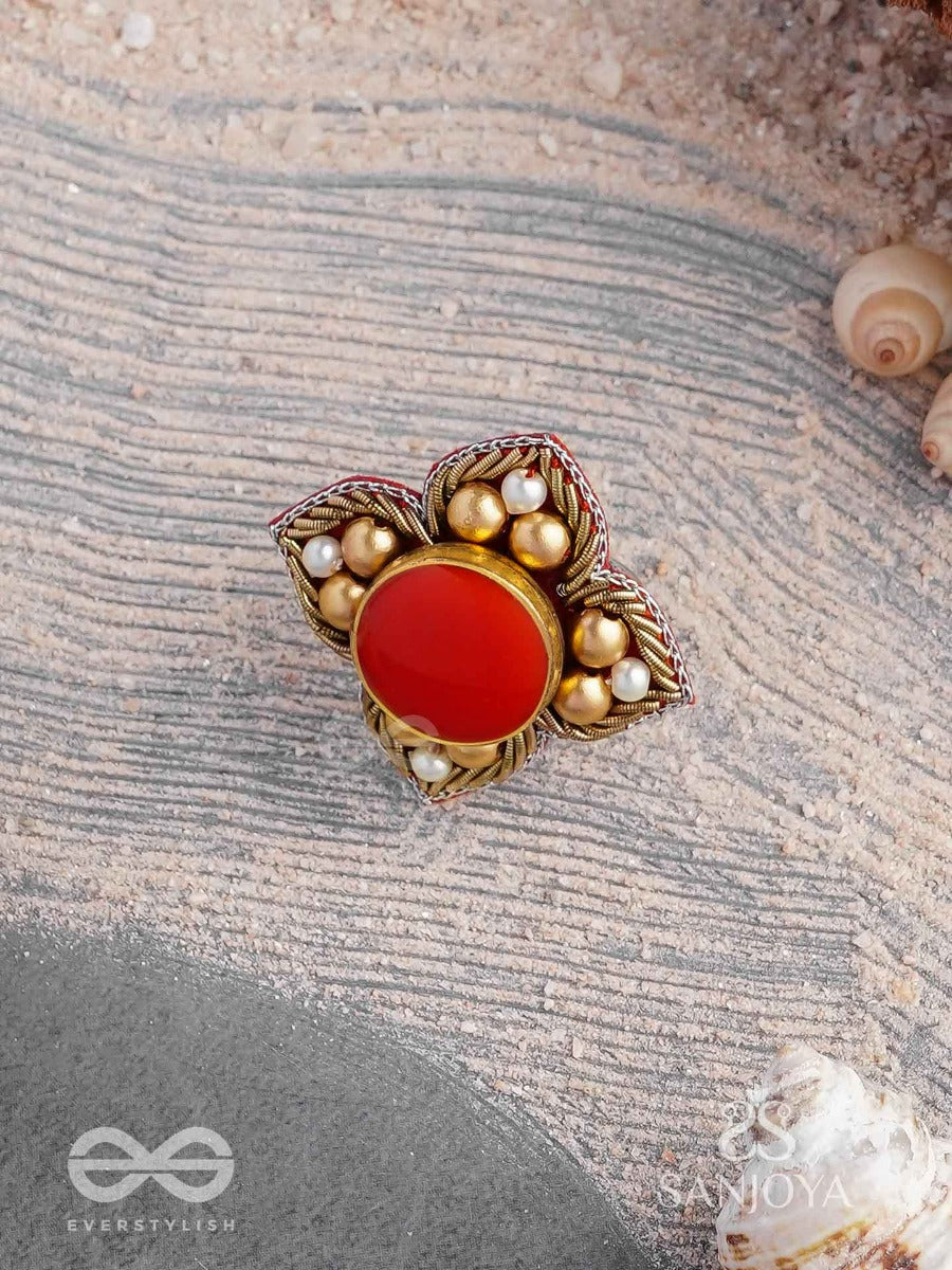 Shikhandik - The Ethereal Stone - Stone, Beads And Dabka Hand Embroidered Ring (Adjustable)
