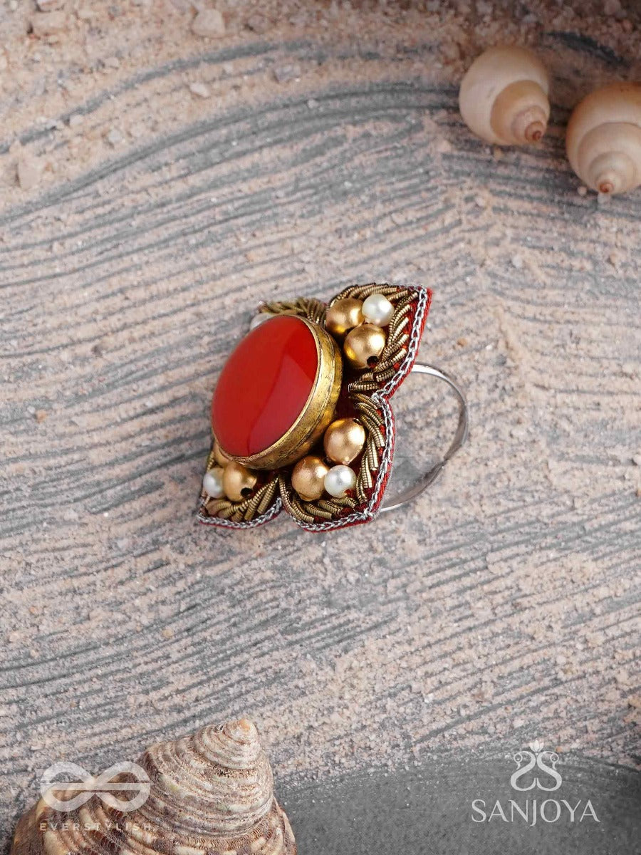 Shikhandik - The Ethereal Stone - Stone, Beads And Dabka Hand Embroidered Ring (Adjustable)