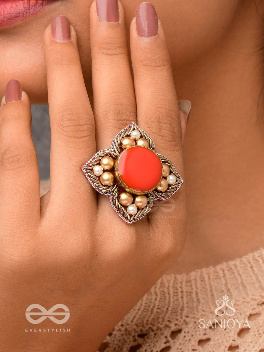 Shikhandik - The Ethereal Stone - Stone, Beads And Dabka Hand Embroidered Ring (Adjustable)
