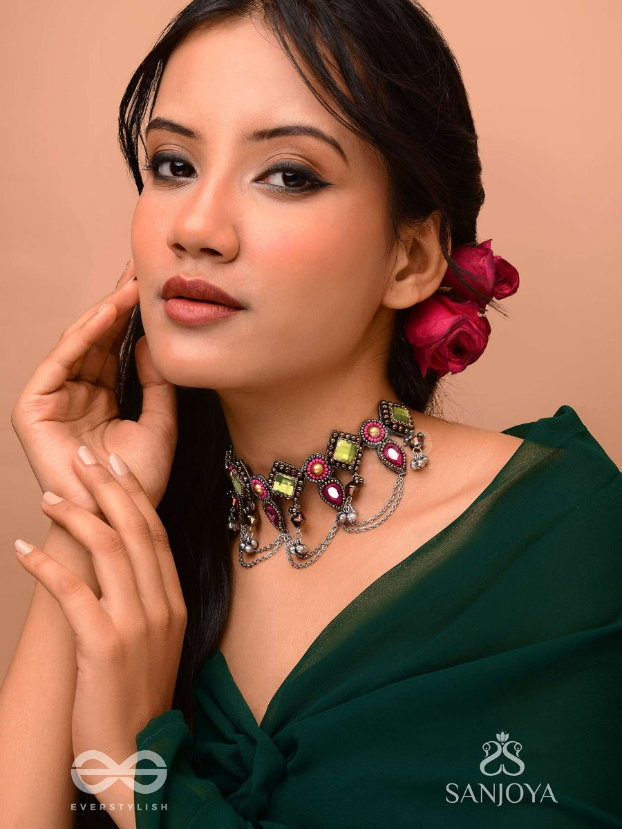 Alankarya - The Bejewelled Shalimar - Stones, Beads And Mirrors Hand Embroidered Oxidised Choker Neckpiece