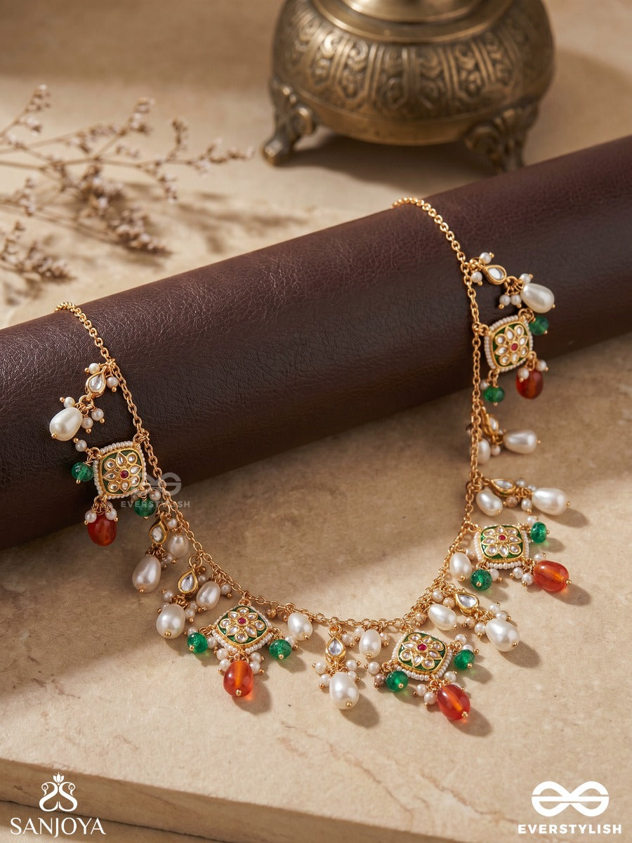 Indurashmi - Moonbeam Glow - Delicate Necklace With Subtle Gem Work And Pearl Cascade