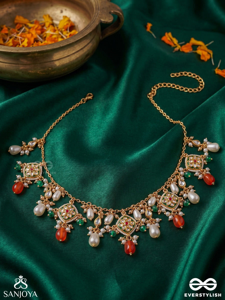 Indurashmi - Moonbeam Glow - Delicate Necklace With Subtle Gem Work And Pearl Cascade