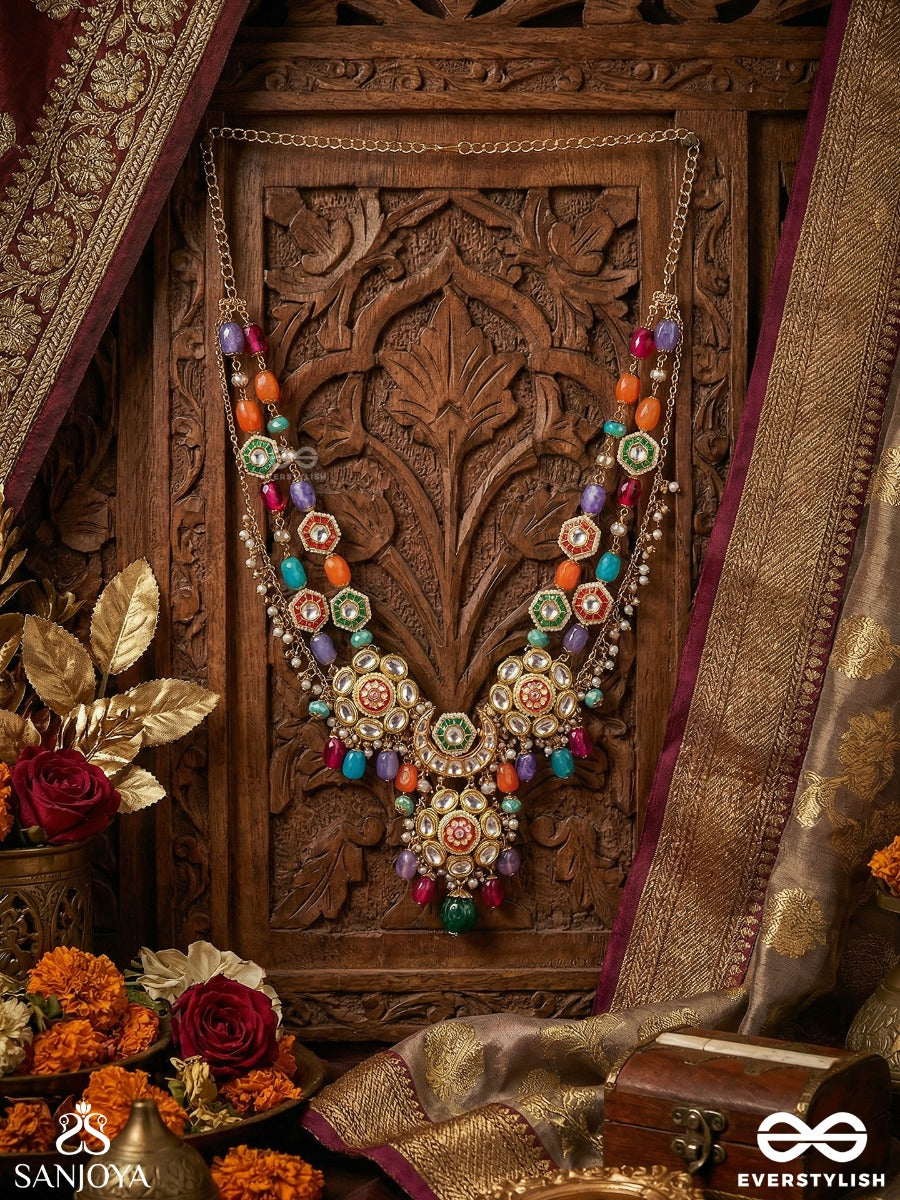 Manirangini - Jewelled Hues - Festive Necklace With Ornate Centre And Colourful Drop Details