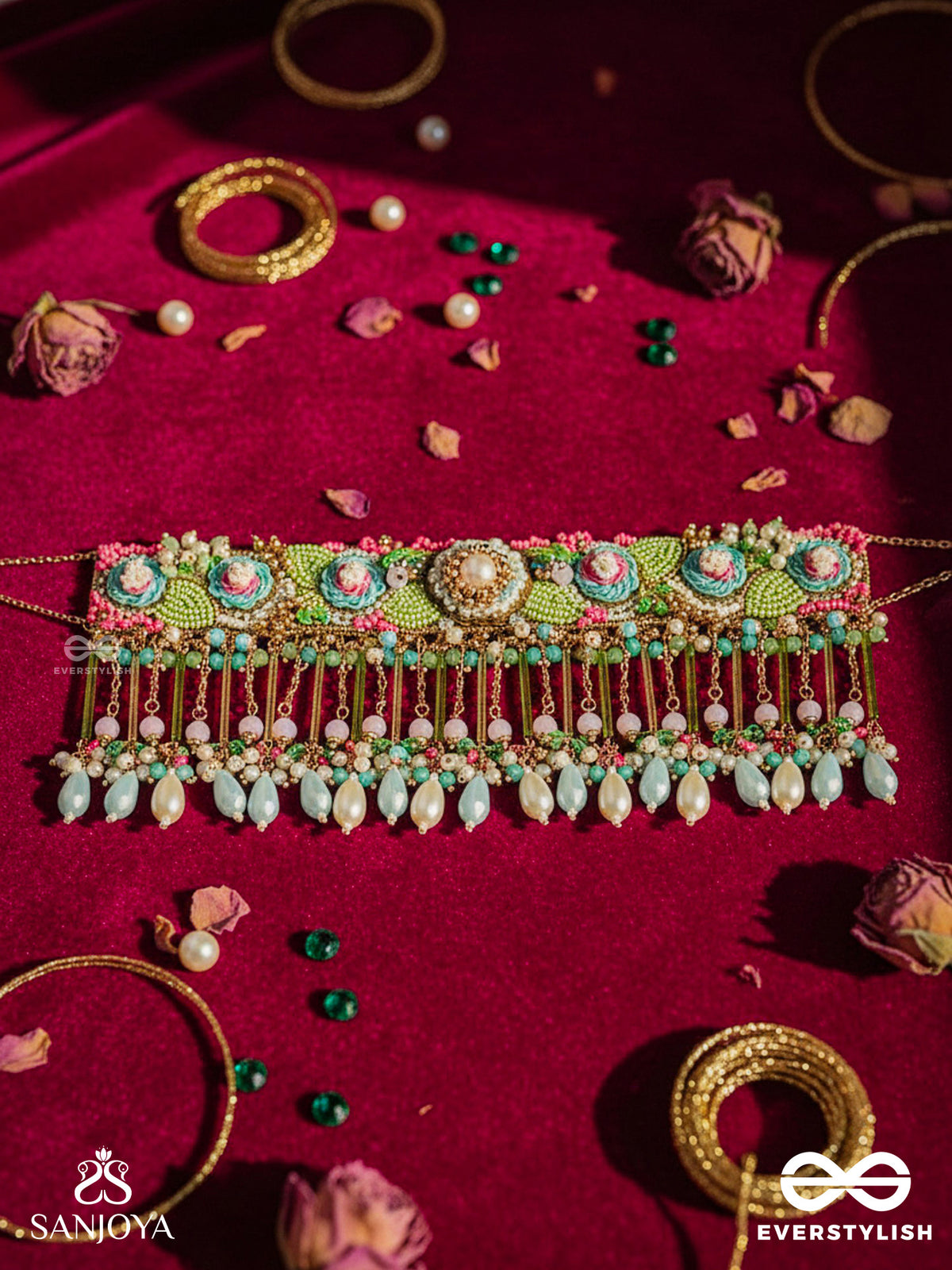 Manjusumana - Beautiful Blossom - Beads, Sequins And Pearl Drops Hand Embroidered Choker Neckpiece